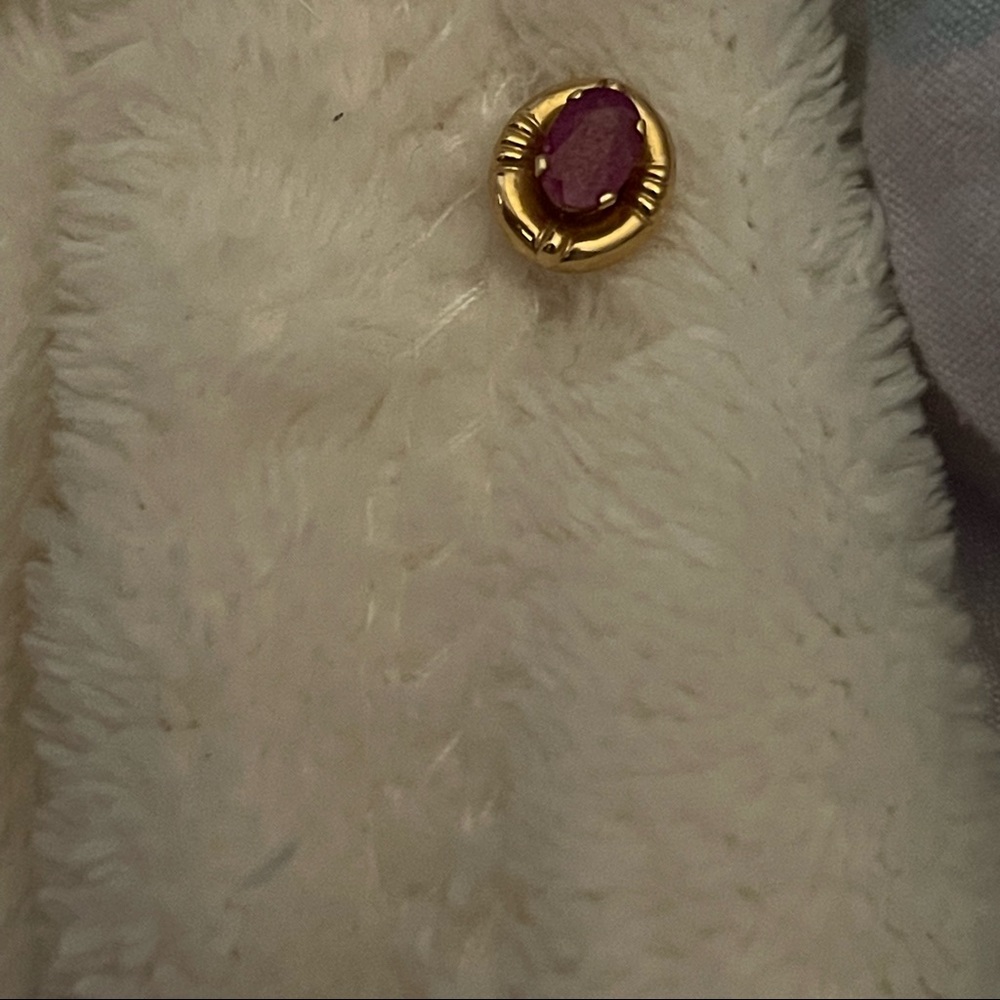 Single yellow gold genuine ruby earring.